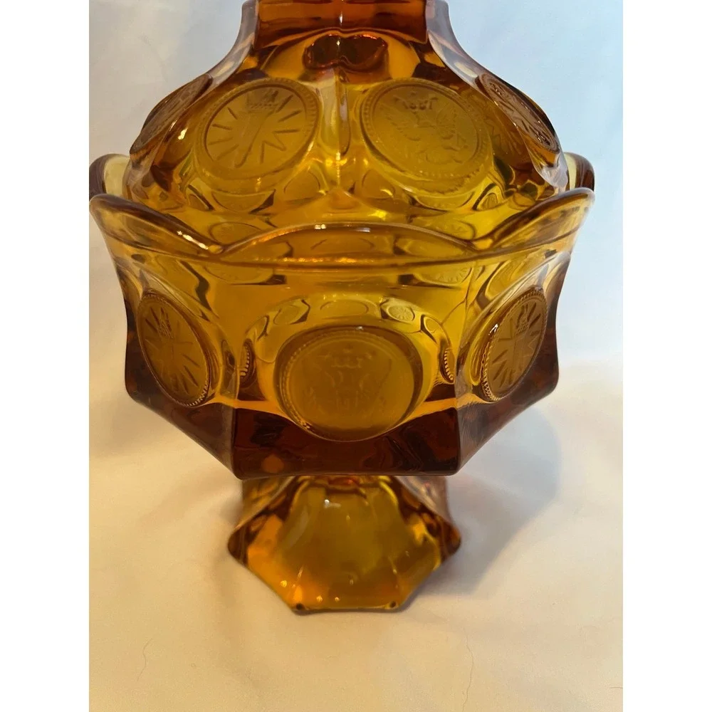 Vintage Fostoria Coin Wedding Bowl  Amber Glass Lidded Candy Dish 1887 Pattern